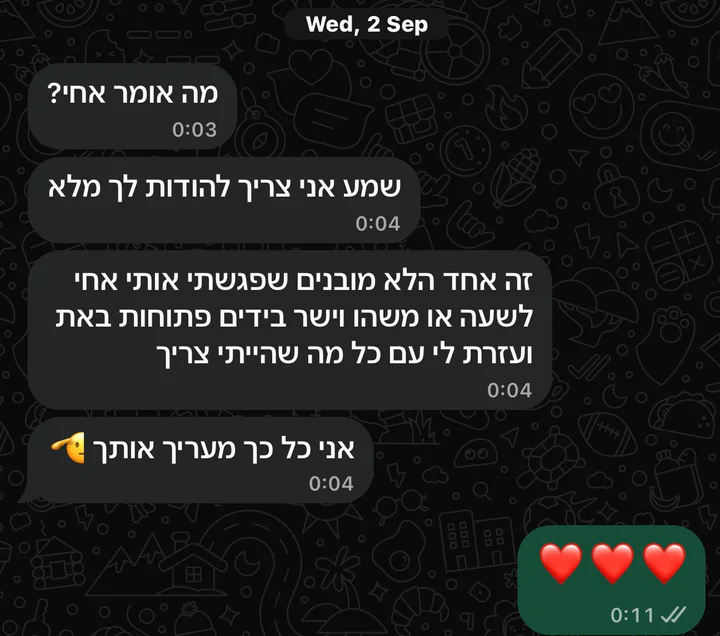 הודעת וואטסאפ: מה אומר אחי? שמע אני צריך להודות לך מלא. זה אחד הלא מובנים שפגשתי אותי אחי לשעה או משהו וישר בידיים פתוחות באת ועזרת לי עם כל מה שהייתי צריך. אני כל כך מעריך אותך. יודה עונה בשלושה לבבות